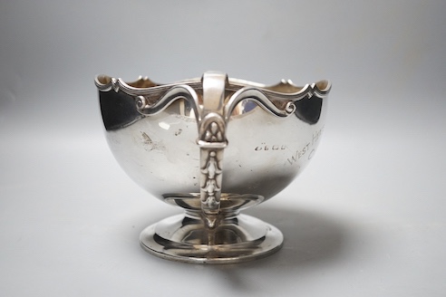 A George V silver two handled presentation pedestal bowl, with engraved inscription, Adie Bros. Birmingham, 1922, diameter 18.7cm, 29oz.